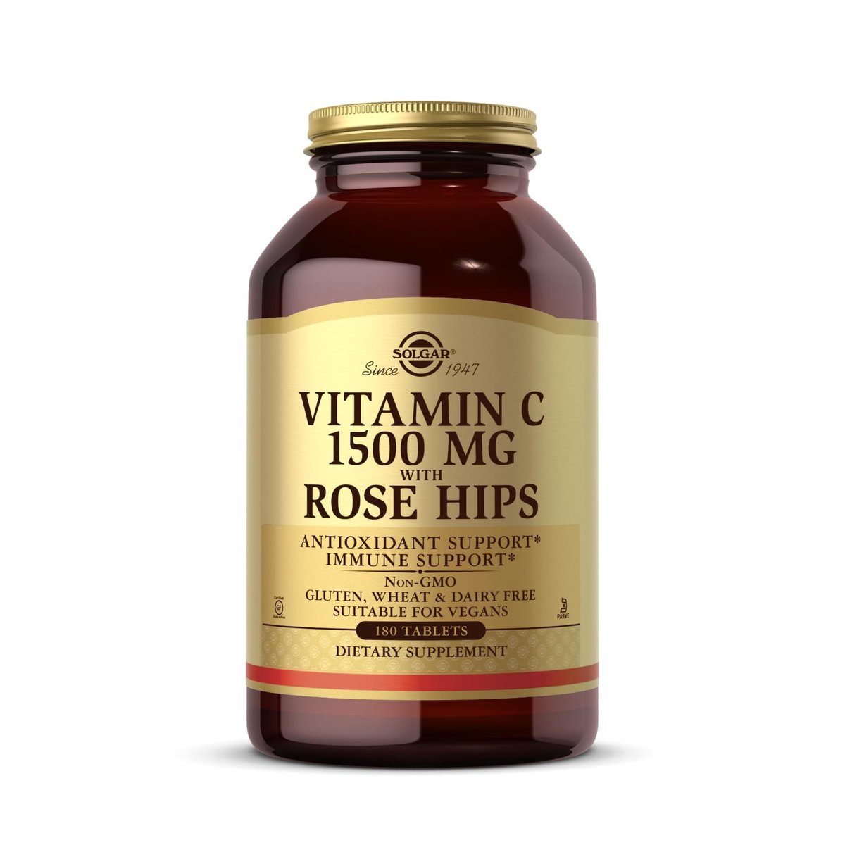 Solgar Vitamin C 1500 mg mit Hagebutte, 180 Tabletten - Antioxidans & Immununterstützung - Gesamtwohlbefinden - Unterstützt gesunde Haut & Gelenke - Non GMO, Vegan, Glutenfrei, Laktosefrei, Koscher - 180 Portionen