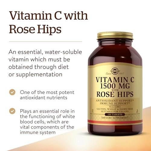 Solgar Vitamin C 1500 mg mit Hagebutte, 180 Tabletten - Antioxidans & Immununterstützung - Gesamtwohlbefinden - Unterstützt gesunde Haut & Gelenke - Non GMO, Vegan, Glutenfrei, Laktosefrei, Koscher - 180 Portionen
