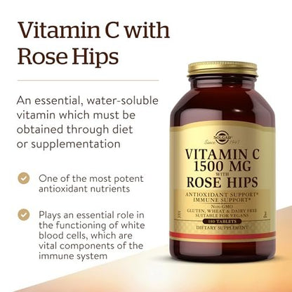 Solgar Vitamin C 1500 mg mit Hagebutte, 180 Tabletten - Antioxidans & Immununterstützung - Gesamtwohlbefinden - Unterstützt gesunde Haut & Gelenke - Non GMO, Vegan, Glutenfrei, Laktosefrei, Koscher - 180 Portionen