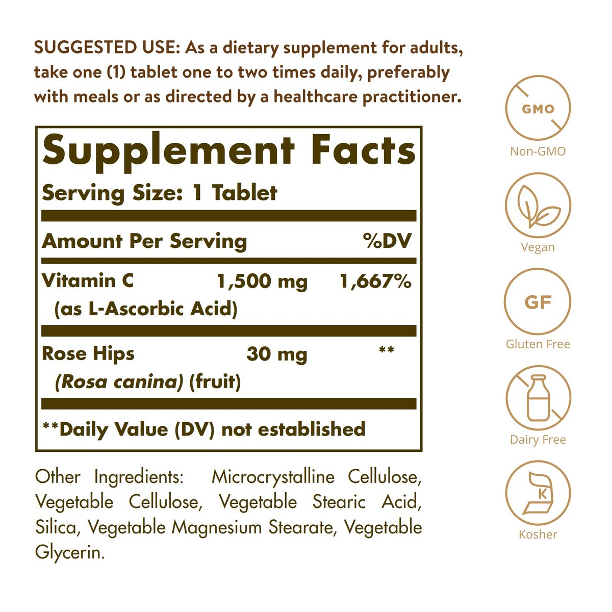 Solgar Vitamin C 1500 mg mit Hagebutte, 180 Tabletten - Antioxidans & Immununterstützung - Gesamtwohlbefinden - Unterstützt gesunde Haut & Gelenke - Non GMO, Vegan, Glutenfrei, Laktosefrei, Koscher - 180 Portionen