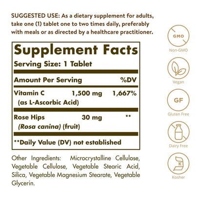 Solgar Vitamin C 1500 mg mit Hagebutte, 180 Tabletten - Antioxidans & Immununterstützung - Gesamtwohlbefinden - Unterstützt gesunde Haut & Gelenke - Non GMO, Vegan, Glutenfrei, Laktosefrei, Koscher - 180 Portionen
