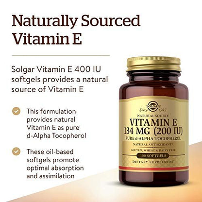 Solgar Vitamin E 200 IE Alpha, 100 Softgels – Antioxidant, gesunde Haut, Immunsystem – natürliches Vitamin E – glutenfrei, laktosefrei – 100 Portionen