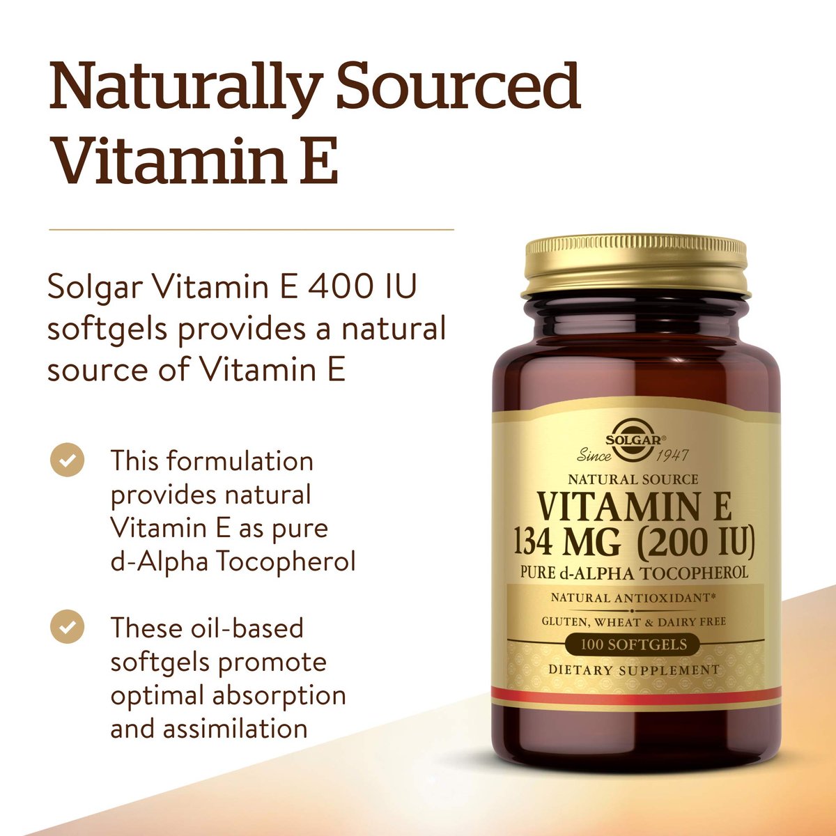 Solgar Vitamin E 200 IE Alpha, 100 Softgels – Antioxidant, gesunde Haut, Immunsystem – natürliches Vitamin E – glutenfrei, laktosefrei – 100 Portionen