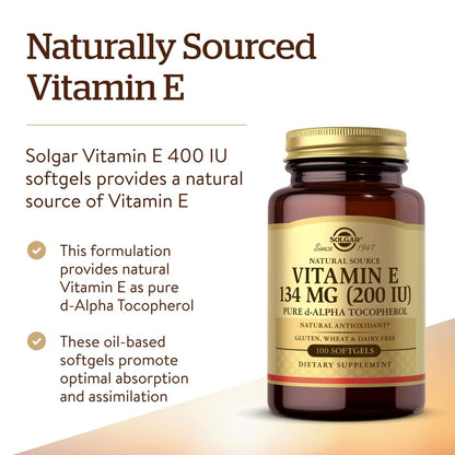Solgar Vitamin E 200 IE Alpha, 100 Softgels – Antioxidant, gesunde Haut, Immunsystem – natürliches Vitamin E – glutenfrei, laktosefrei – 100 Portionen