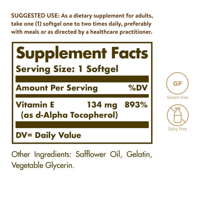 Solgar Vitamin E 200 IE Alpha, 100 Softgels – Antioxidant, gesunde Haut, Immunsystem – natürliches Vitamin E – glutenfrei, laktosefrei – 100 Portionen