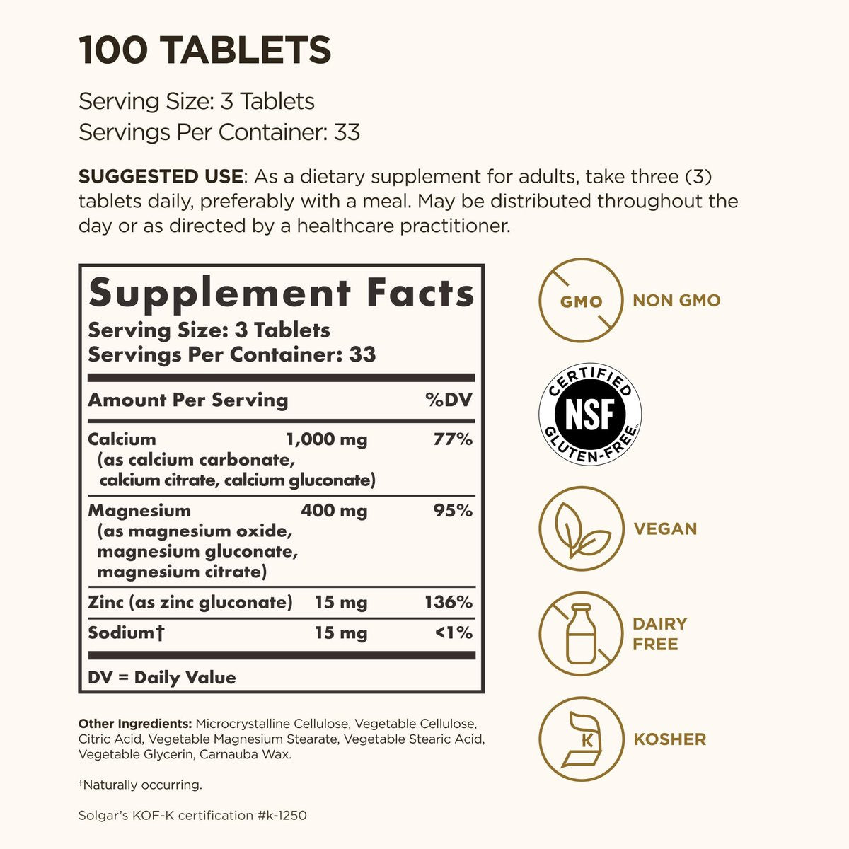 Solgar Calcium Magnesium Plus Zink – 100 Tabletten für starke Knochen & Zähne, unterstützt Nerven- & Muskelfunktion – Nicht-GVO, vegan, glutenfrei, laktosefrei, koscher – 33 Portionen