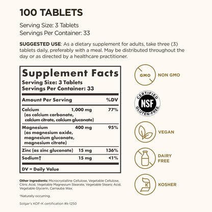 Solgar Calcium Magnesium Plus Zink – 100 Tabletten für starke Knochen & Zähne, unterstützt Nerven- & Muskelfunktion – Nicht-GVO, vegan, glutenfrei, laktosefrei, koscher – 33 Portionen