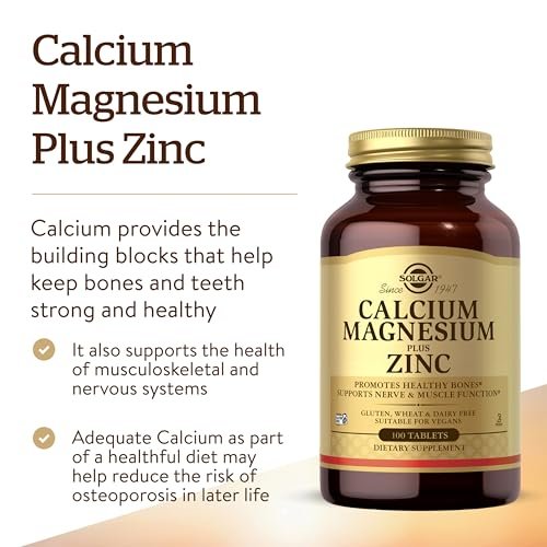 Solgar Calcium Magnesium Plus Zink – 100 Tabletten für starke Knochen & Zähne, unterstützt Nerven- & Muskelfunktion – Nicht-GVO, vegan, glutenfrei, laktosefrei, koscher – 33 Portionen