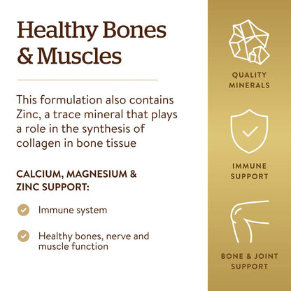 Solgar Calcium Magnesium Plus Zink – 100 Tabletten für starke Knochen & Zähne, unterstützt Nerven- & Muskelfunktion – Nicht-GVO, vegan, glutenfrei, laktosefrei, koscher – 33 Portionen