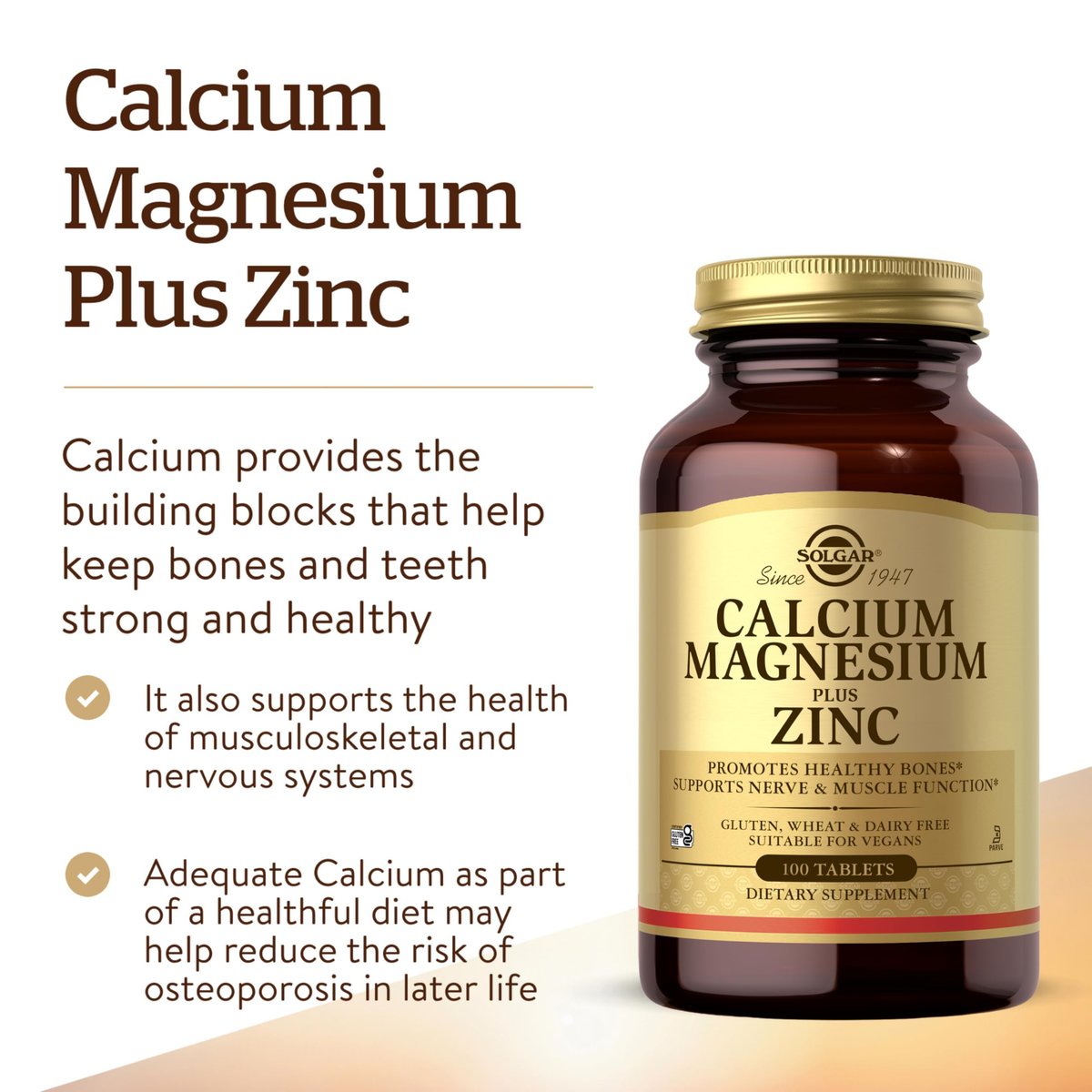 Solgar Calcium Magnesium Plus Zink – 100 Tabletten für starke Knochen & Zähne, unterstützt Nerven- & Muskelfunktion – Nicht-GVO, vegan, glutenfrei, laktosefrei, koscher – 33 Portionen