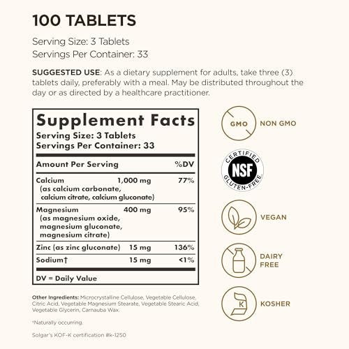 Solgar Calcium Magnesium Plus Zink – 100 Tabletten für starke Knochen & Zähne, unterstützt Nerven- & Muskelfunktion – Nicht-GVO, vegan, glutenfrei, laktosefrei, koscher – 33 Portionen