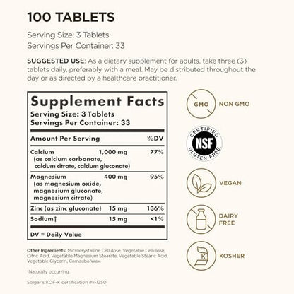 Solgar Calcium Magnesium Plus Zink – 100 Tabletten für starke Knochen & Zähne, unterstützt Nerven- & Muskelfunktion – Nicht-GVO, vegan, glutenfrei, laktosefrei, koscher – 33 Portionen