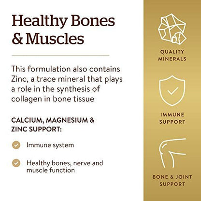 Solgar Calcium Magnesium Plus Zink – 100 Tabletten für starke Knochen & Zähne, unterstützt Nerven- & Muskelfunktion – Nicht-GVO, vegan, glutenfrei, laktosefrei, koscher – 33 Portionen