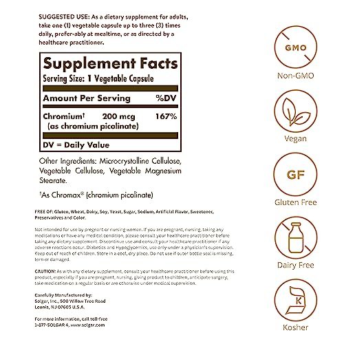 Solgar Chrompicolinat 200 mcg, 180 pflanzliche Kapseln – Unterstützt einen gesunden Blutzuckerstoffwechsel – Non-GMO, vegan, glutenfrei, laktosefrei, koscher – 180 Portionen