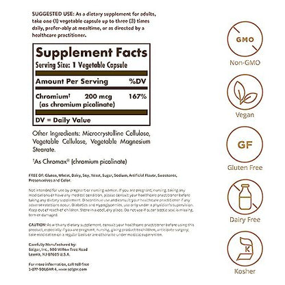 Solgar Chrompicolinat 200 mcg, 180 pflanzliche Kapseln – Unterstützt einen gesunden Blutzuckerstoffwechsel – Non-GMO, vegan, glutenfrei, laktosefrei, koscher – 180 Portionen