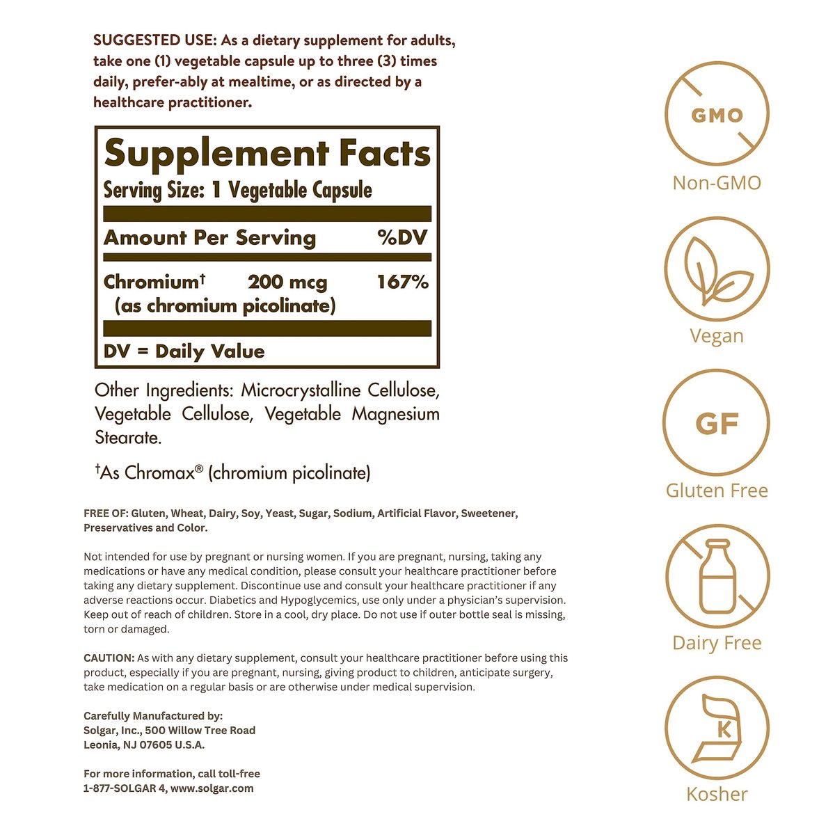 Solgar Chrompicolinat 200 mcg, 180 pflanzliche Kapseln – Unterstützt einen gesunden Blutzuckerstoffwechsel – Non-GMO, vegan, glutenfrei, laktosefrei, koscher – 180 Portionen