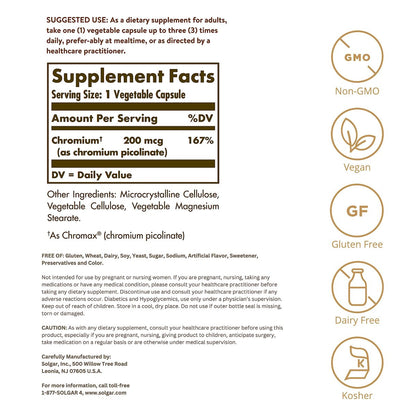 Solgar Chrompicolinat 200 mcg, 180 pflanzliche Kapseln – Unterstützt einen gesunden Blutzuckerstoffwechsel – Non-GMO, vegan, glutenfrei, laktosefrei, koscher – 180 Portionen
