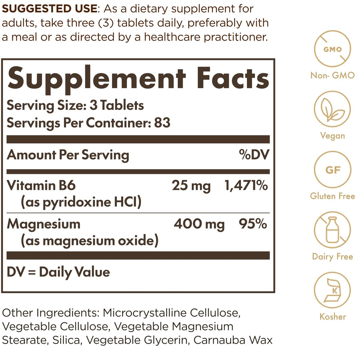 Solgar Magnesium mit Vitamin B6, 250 Tabletten – Unterstützt gesunde Knochenmineralisierung, Nerven- & Muskelfunktion, Energiestoffwechsel – Nicht-GMO, Vegan, Glutenfrei, Milchfrei, Koscher – 83 Portionen