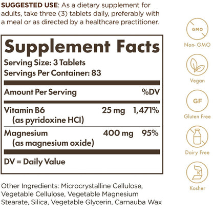 Solgar Magnesium mit Vitamin B6, 250 Tabletten – Unterstützt gesunde Knochenmineralisierung, Nerven- & Muskelfunktion, Energiestoffwechsel – Nicht-GMO, Vegan, Glutenfrei, Milchfrei, Koscher – 83 Portionen