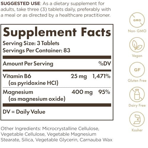 Solgar Magnesium mit Vitamin B6, 250 Tabletten – Unterstützt gesunde Knochenmineralisierung, Nerven- & Muskelfunktion, Energiestoffwechsel – Nicht-GMO, Vegan, Glutenfrei, Milchfrei, Koscher – 83 Portionen