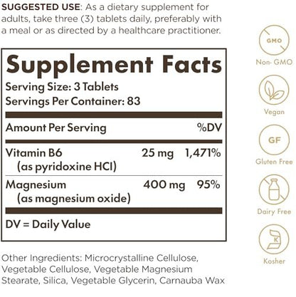 Solgar Magnesium mit Vitamin B6, 250 Tabletten – Unterstützt gesunde Knochenmineralisierung, Nerven- & Muskelfunktion, Energiestoffwechsel – Nicht-GMO, Vegan, Glutenfrei, Milchfrei, Koscher – 83 Portionen