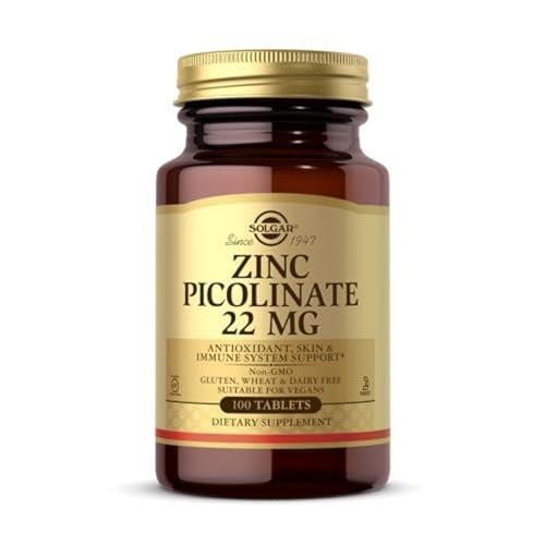 Solgar Zinkpicolinat 22 mg, 100 Tabletten – Unterstützt gesunde Haut, Immunsystem, Geschmacks- und Sehsinn – Antioxidans – Nicht-GVO, Vegan, Glutenfrei, Koscher – 100 Portionen