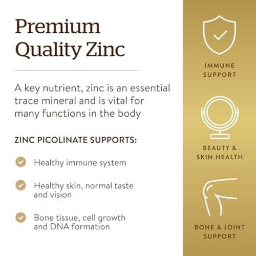 Solgar Zinkpicolinat 22 mg, 100 Tabletten – Unterstützt gesunde Haut, Immunsystem, Geschmacks- und Sehsinn – Antioxidans – Nicht-GVO, Vegan, Glutenfrei, Koscher – 100 Portionen