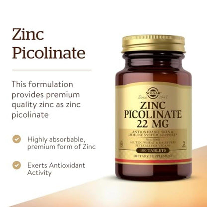 Solgar Zinkpicolinat 22 mg, 100 Tabletten – Unterstützt gesunde Haut, Immunsystem, Geschmacks- und Sehsinn – Antioxidans – Nicht-GVO, Vegan, Glutenfrei, Koscher – 100 Portionen