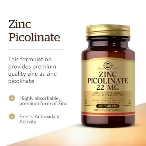 Solgar Zinkpicolinat 22 mg, 100 Tabletten – Unterstützt gesunde Haut, Immunsystem, Geschmacks- und Sehsinn – Antioxidans – Nicht-GVO, Vegan, Glutenfrei, Koscher – 100 Portionen