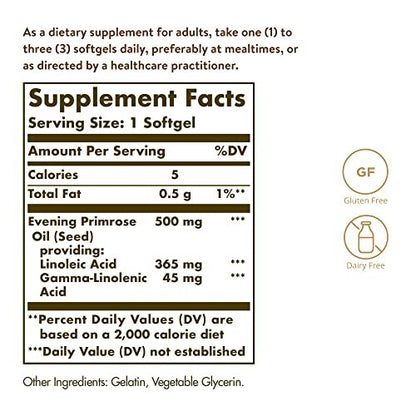 Solgar Nachtkerzenöl 500 mg, 180 Softgels – Unterstützt gesunde Haut & Herz-Kreislauf-Gesundheit – Nährstoffunterstützung für Frauen – Glutenfrei, Laktosefrei – 180 Portionen