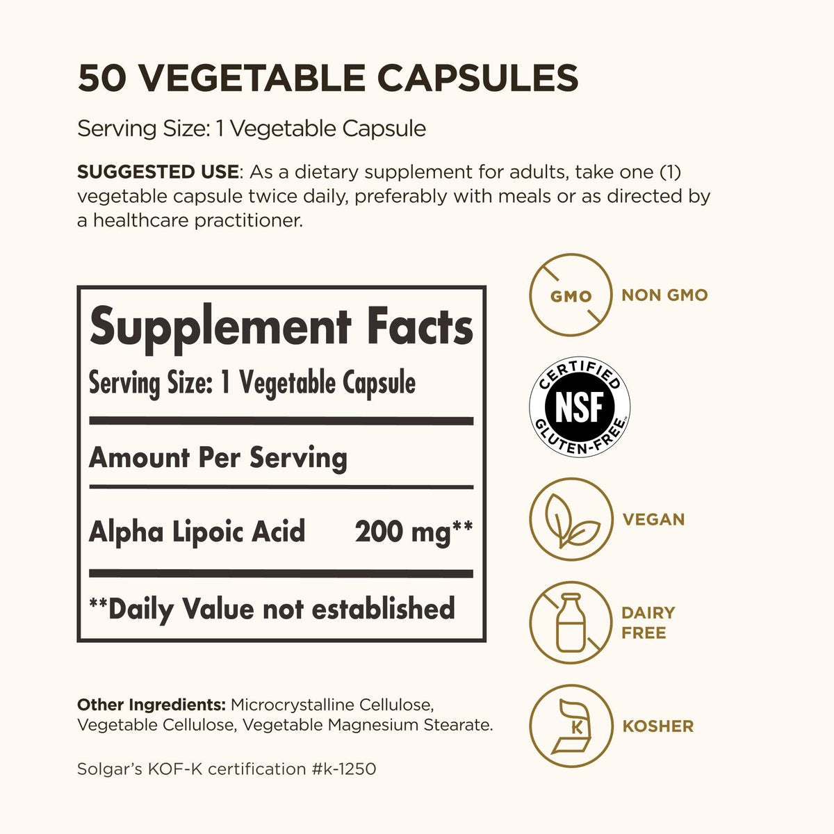 Solgar Alpha-Liponsäure 200 mg, 50 vegane Kapseln – Antioxidans-Unterstützung – Hilft Glutathion, Vitamin C & E, CoQ-10 zu recyceln – Non-GMO, vegan, glutenfrei, laktosefrei, koscher – 50 Portionen