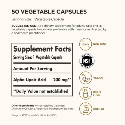 Solgar Alpha-Liponsäure 200 mg, 50 vegane Kapseln – Antioxidans-Unterstützung – Hilft Glutathion, Vitamin C & E, CoQ-10 zu recyceln – Non-GMO, vegan, glutenfrei, laktosefrei, koscher – 50 Portionen