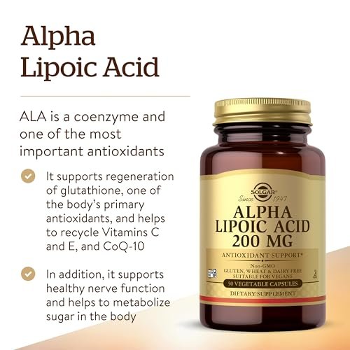 Solgar Alpha-Liponsäure 200 mg, 50 vegane Kapseln – Antioxidans-Unterstützung – Hilft Glutathion, Vitamin C & E, CoQ-10 zu recyceln – Non-GMO, vegan, glutenfrei, laktosefrei, koscher – 50 Portionen