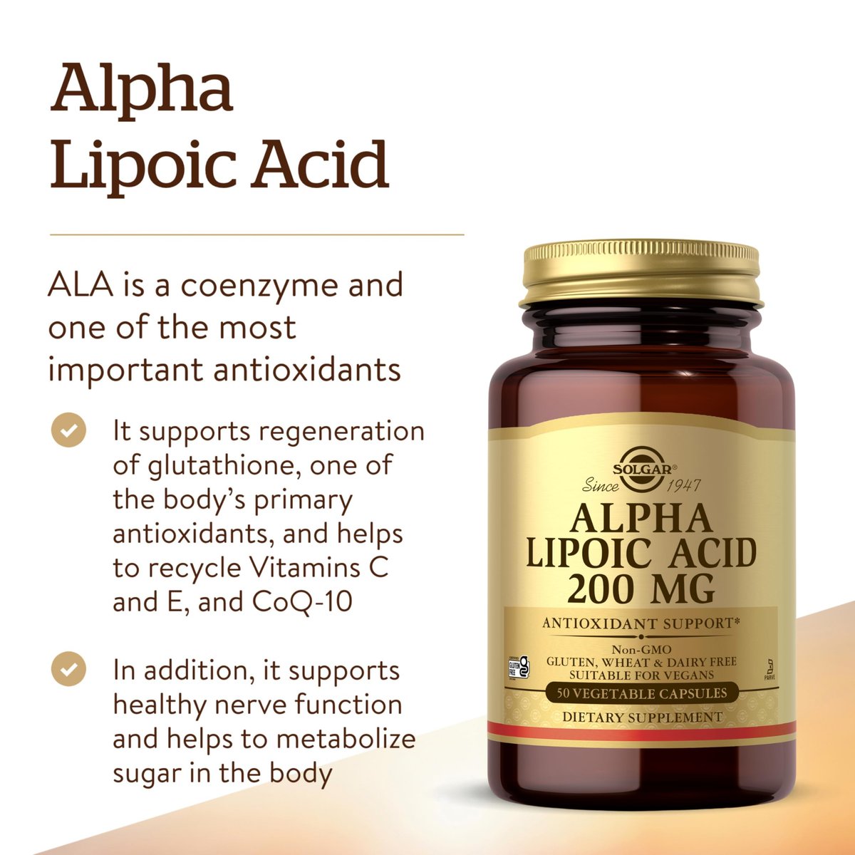 Solgar Alpha-Liponsäure 200 mg, 50 vegane Kapseln – Antioxidans-Unterstützung – Hilft Glutathion, Vitamin C & E, CoQ-10 zu recyceln – Non-GMO, vegan, glutenfrei, laktosefrei, koscher – 50 Portionen