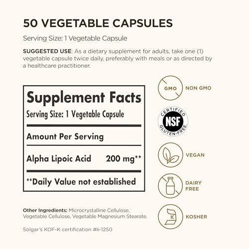 Solgar Alpha-Liponsäure 200 mg, 50 vegane Kapseln – Antioxidans-Unterstützung – Hilft Glutathion, Vitamin C & E, CoQ-10 zu recyceln – Non-GMO, vegan, glutenfrei, laktosefrei, koscher – 50 Portionen