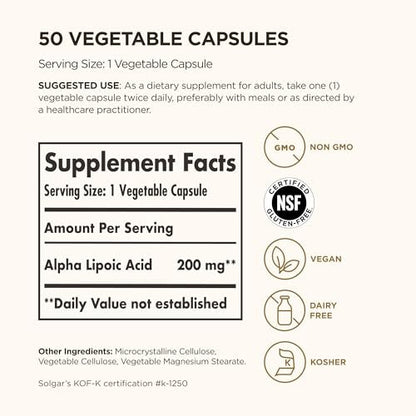Solgar Alpha-Liponsäure 200 mg, 50 vegane Kapseln – Antioxidans-Unterstützung – Hilft Glutathion, Vitamin C & E, CoQ-10 zu recyceln – Non-GMO, vegan, glutenfrei, laktosefrei, koscher – 50 Portionen