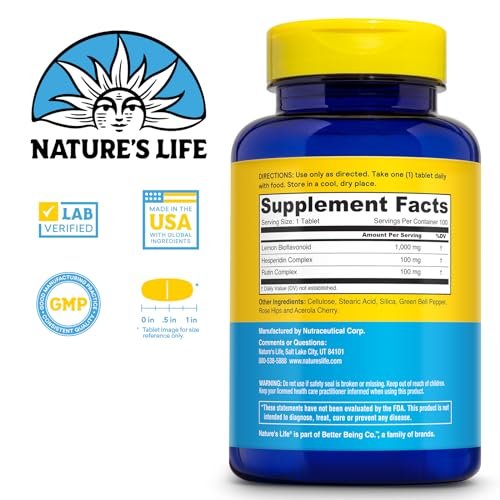 Nature's Life Zitrus-Bioflavonoide 1000 mg – Nahrungsergänzung mit Hesperidin und Rutin für Antioxidans- und Zellunterstützung, Vitamin-C-Absorption – 60-Tage-Garantie, 100 Portionen, 100 Tabletten