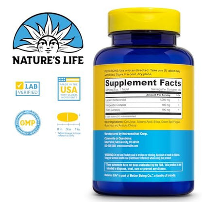 Nature's Life Zitrus-Bioflavonoide 1000 mg – Nahrungsergänzung mit Hesperidin und Rutin für Antioxidans- und Zellunterstützung, Vitamin-C-Absorption – 60-Tage-Garantie, 100 Portionen, 100 Tabletten