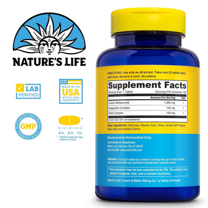 Nature's Life Zitrus-Bioflavonoide 1000 mg – Nahrungsergänzung mit Hesperidin und Rutin für Antioxidans- und Zellunterstützung, Vitamin-C-Absorption – 60-Tage-Garantie, 100 Portionen, 100 Tabletten