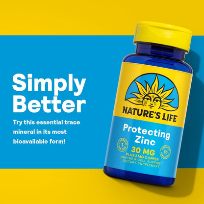Nature's Life Zink Picolinat 30mg mit 2mg Kupfer – Chelat-Zink für Immunsystem, Herz-Kreislauf, Haut, Zellen und Muskeln – 60-Tage-Garantie – 50 Portionen, 50 Kapseln