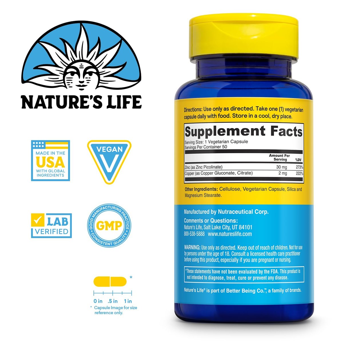 Nature's Life Zink Picolinat 30mg mit 2mg Kupfer – Chelat-Zink für Immunsystem, Herz-Kreislauf, Haut, Zellen und Muskeln – 60-Tage-Garantie – 50 Portionen, 50 Kapseln