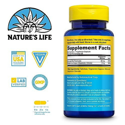 Nature's Life Zink Picolinat 30mg mit 2mg Kupfer – Chelat-Zink für Immunsystem, Herz-Kreislauf, Haut, Zellen und Muskeln – 60-Tage-Garantie – 50 Portionen, 50 Kapseln