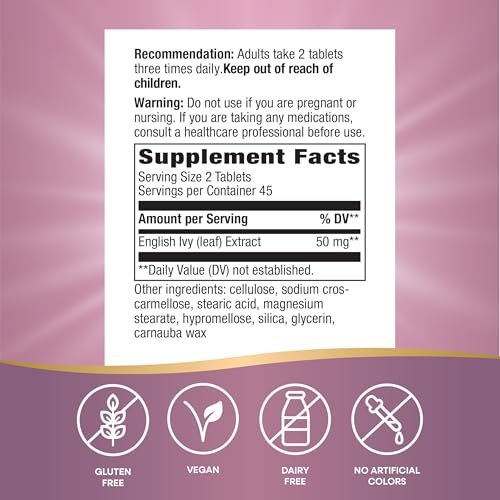 Nature's Way Efeu-Extrakt aus Efeublättern, Traditionelle Unterstützung der Atemwege*, 50 mg pro 2-Tabletten-Portion, 90 vegane Tabletten (Verpackung kann variieren)