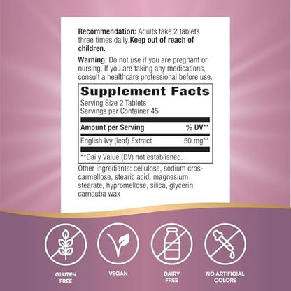 Nature's Way Efeu-Extrakt aus Efeublättern, Traditionelle Unterstützung der Atemwege*, 50 mg pro 2-Tabletten-Portion, 90 vegane Tabletten (Verpackung kann variieren)