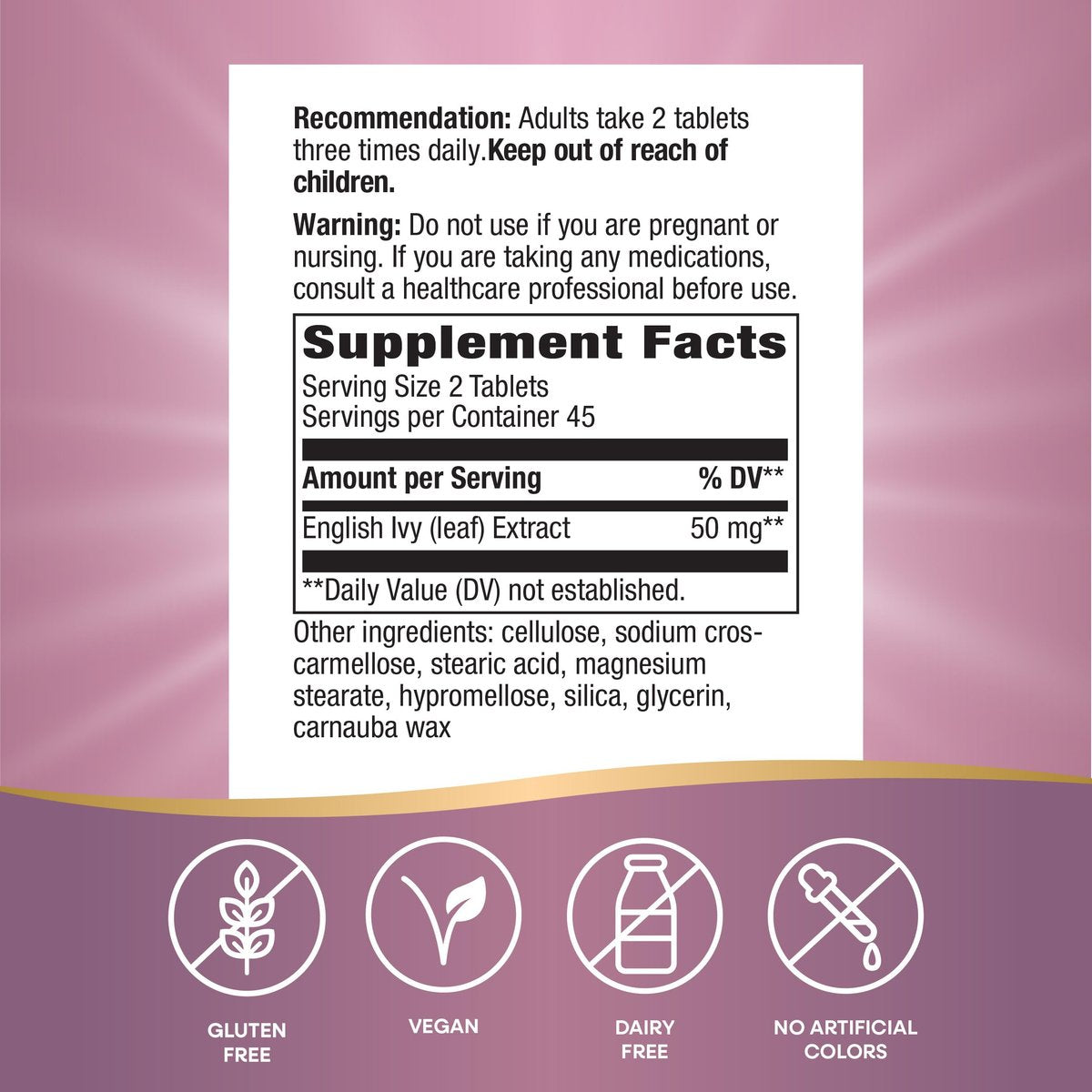 Nature's Way Efeu-Extrakt aus Efeublättern, Traditionelle Unterstützung der Atemwege*, 50 mg pro 2-Tabletten-Portion, 90 vegane Tabletten (Verpackung kann variieren)