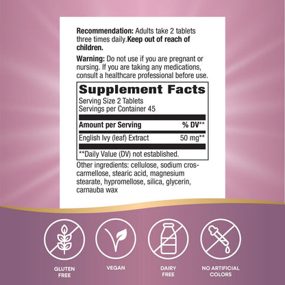 Nature's Way Efeu-Extrakt aus Efeublättern, Traditionelle Unterstützung der Atemwege*, 50 mg pro 2-Tabletten-Portion, 90 vegane Tabletten (Verpackung kann variieren)