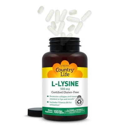 Country Life L-Lysin 500 mg mit B-6 – Unterstützt die Immungesundheit, fördert die Kollagenerneuerung in Lippen und Mund – 100 vegane Kapseln, zertifiziert glutenfrei, zertifiziert vegan