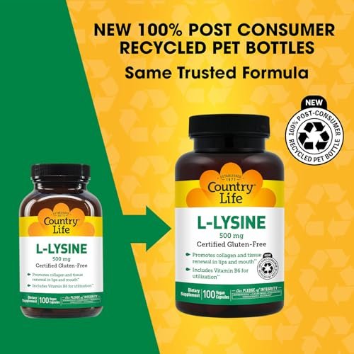 Country Life L-Lysin 500 mg mit B-6 – Unterstützt die Immungesundheit, fördert die Kollagenerneuerung in Lippen und Mund – 100 vegane Kapseln, zertifiziert glutenfrei, zertifiziert vegan