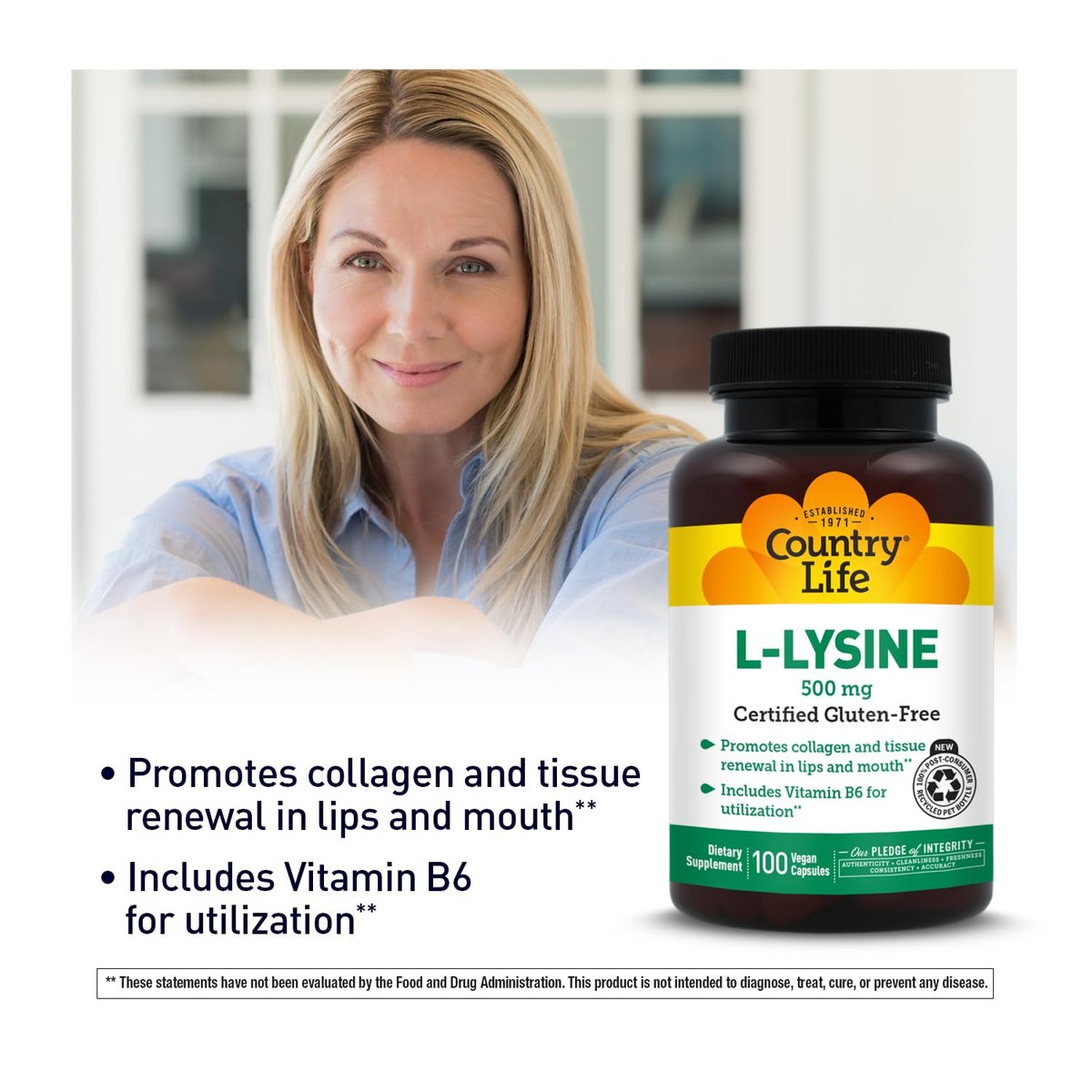 Country Life L-Lysin 500 mg mit B-6 – Unterstützt die Immungesundheit, fördert die Kollagenerneuerung in Lippen und Mund – 100 vegane Kapseln, zertifiziert glutenfrei, zertifiziert vegan