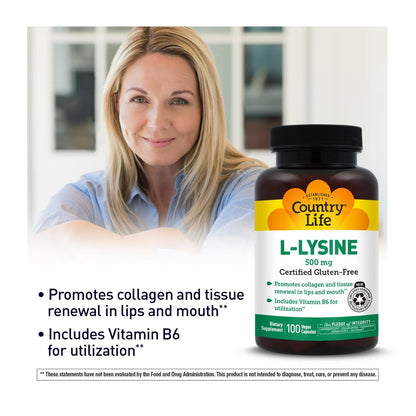 Country Life L-Lysin 500 mg mit B-6 – Unterstützt die Immungesundheit, fördert die Kollagenerneuerung in Lippen und Mund – 100 vegane Kapseln, zertifiziert glutenfrei, zertifiziert vegan